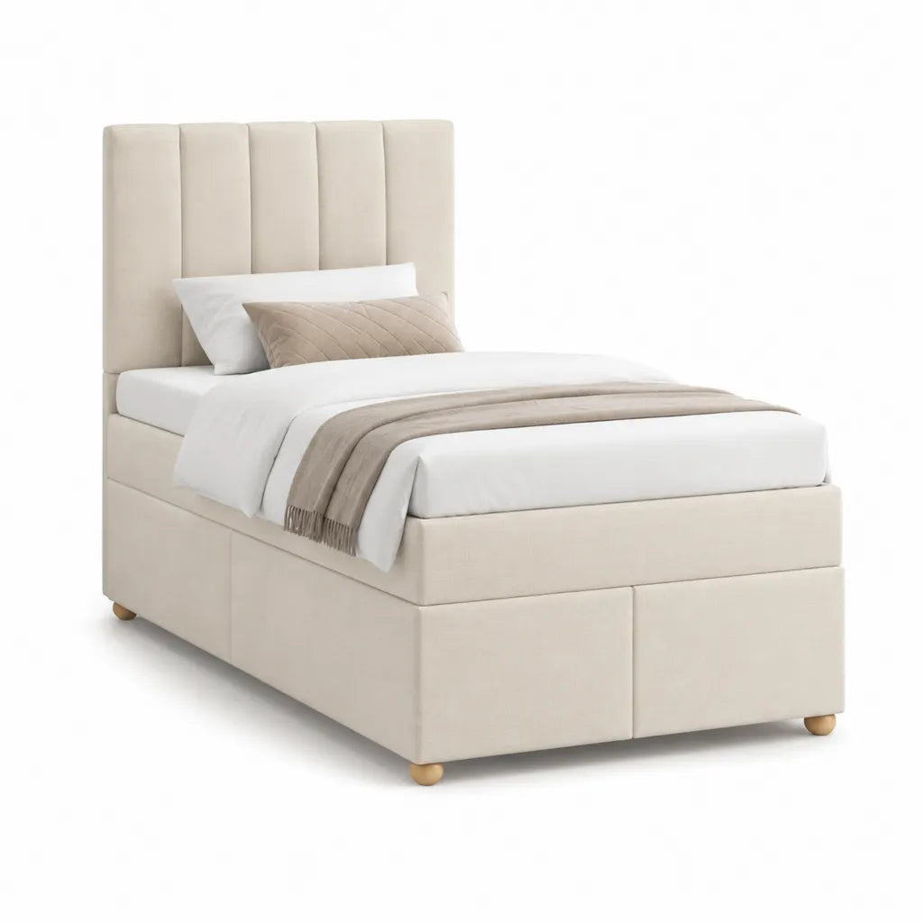 Letto singolo contenitore imbottito 90 x 200 cm in poliestere beige con testiera alta rettangolare