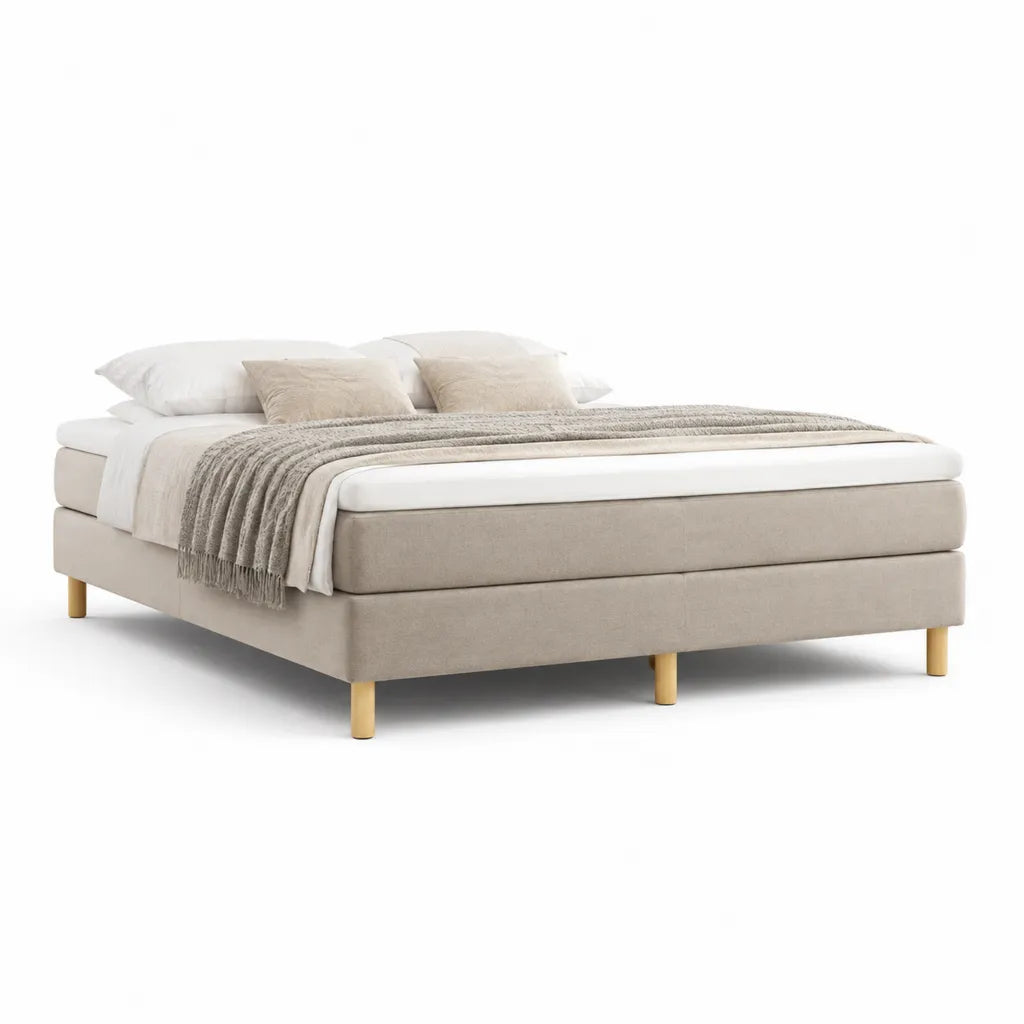 Letto matrimoniale imbottito 160 x 200 cm in poliestere rettangolare beige con piedini in faggio