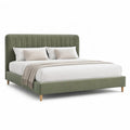 Letto matrimoniale imbottito 160 x 200 cm in velluto di poliestere verde oliva con testiera scanalata rettangolare