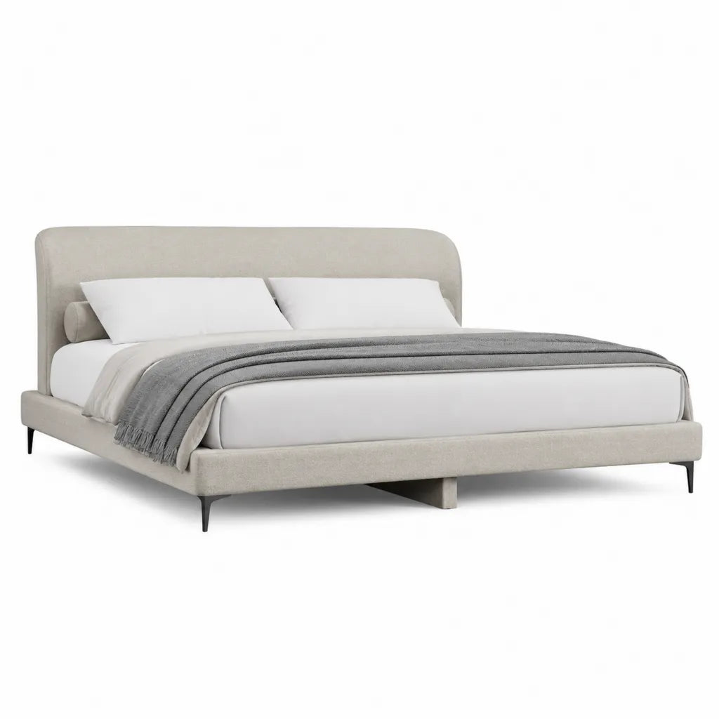 Letto matrimoniale imbottito 160 x 200 cm in poliestere beige con testiera arrotondata