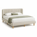 Letto matrimoniale imbottito 160 x 200 cm in poliestere beige con testiera scanalata e piedi in legno massello