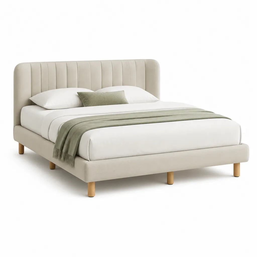 Letto matrimoniale imbottito 160 x 200 cm in poliestere beige con testiera scanalata e piedi in legno massello
