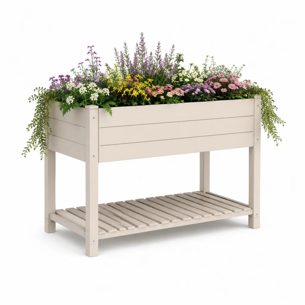 Fioriera rialzata con ripiano in legno di abete massello rettangolare beige 120 x 45 x 80 cm