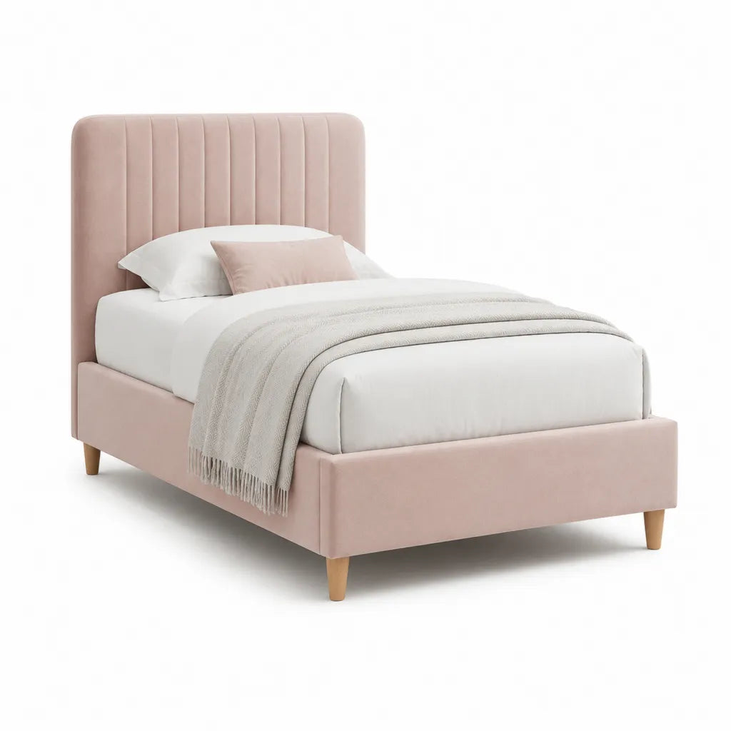 Letto singolo imbottito 90 x 190 cm in velluto di poliestere rosa con testiera arrotondata