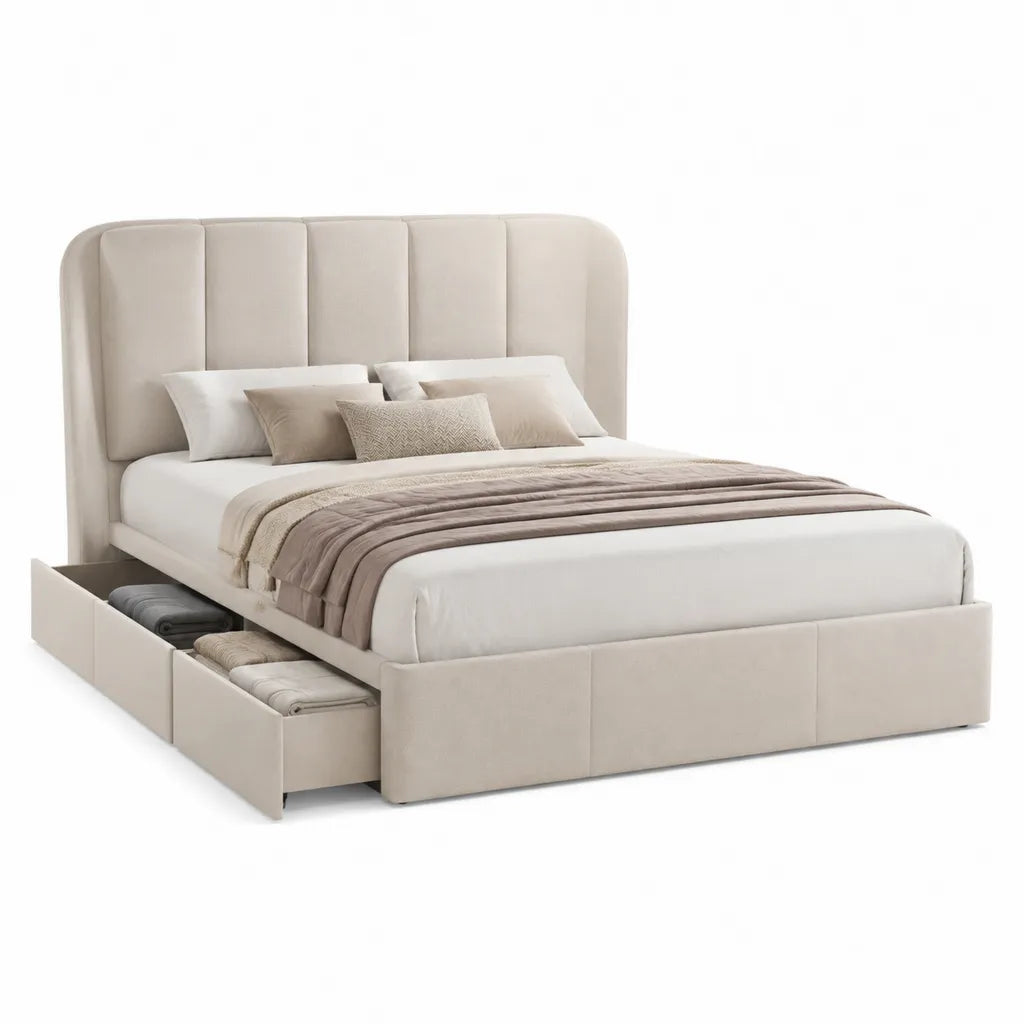 Letto matrimoniale con 2 cassetti 160x200 cm in poliestere beige con testiera arrotondata imbottita