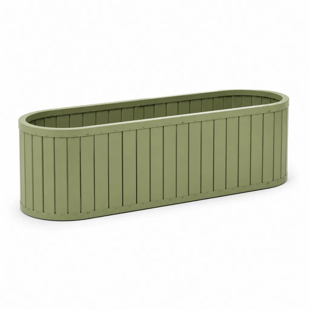 Fioriera da giardino ovale 120 x 40 x 60 cm in acciaio zincato verniciato a polvere verde oliva