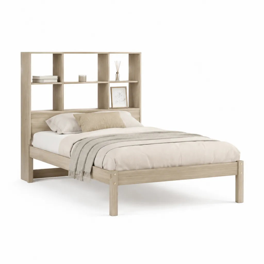 Letto matrimoniale con testiera libreria in legno massello di pino rovere chiaro 160 x 200 cm
