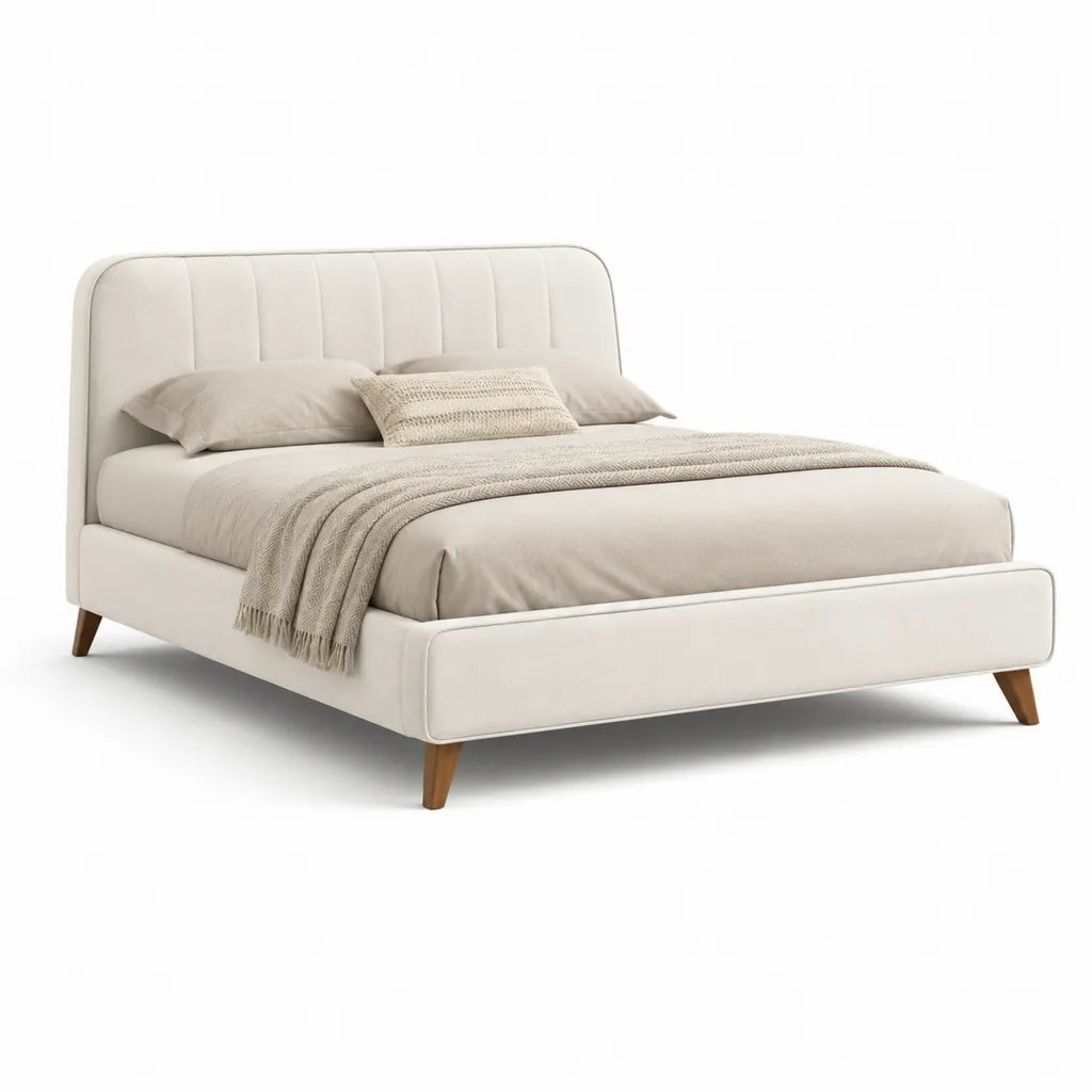 Letto matrimoniale imbottito 160 x 200 cm in poliestere crema con testiera arrotondata e piedi in legno massello