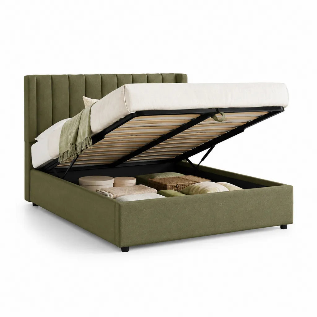 Letto contenitore matrimoniale 160 x 200 cm in velluto di poliestere verde oliva con testiera imbottita rettangolare