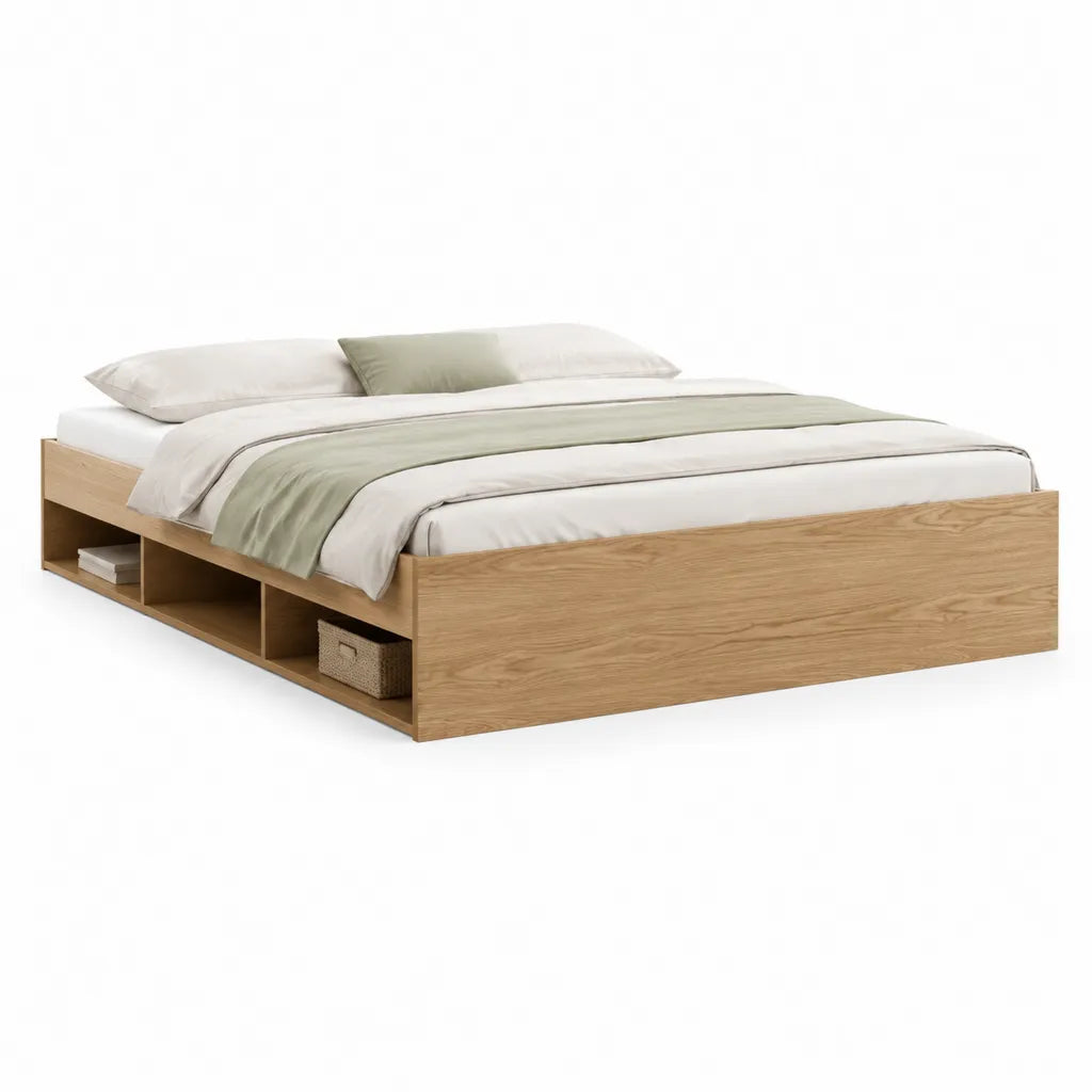 Letto matrimoniale con vani laterali in pannello truciolare effetto rovere naturale per materasso 160 x 200 cm