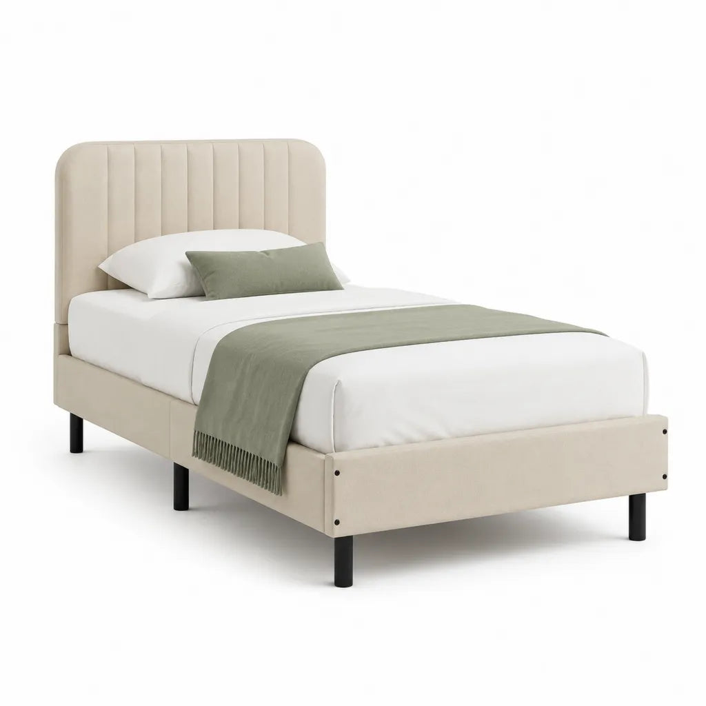 Letto singolo imbottito 90 x 190 cm in poliestere beige con testiera alta rettangolare e gambe in acciaio nero