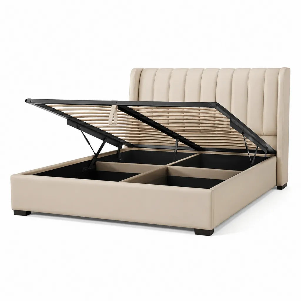 Letto contenitore matrimoniale con testiera imbottita in pelle sintetica PU rettangolare beige 160 x 200 cm