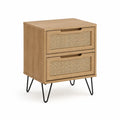 Comodino 2 cassetti rettangolare in MDF effetto rovere e rattan naturale 45 x 35 x 60 cm