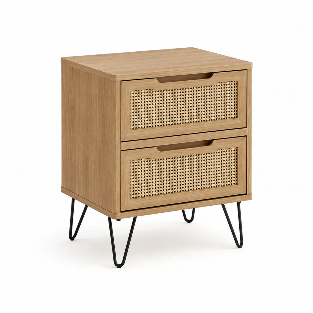 Comodino 2 cassetti rettangolare in MDF effetto rovere e rattan naturale 45 x 35 x 60 cm