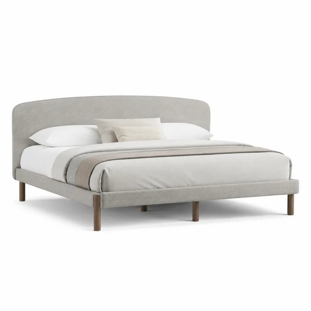 Letto matrimoniale imbottito 160 x 200 cm in poliestere grigio con testiera arrotondata e piedi in legno massello