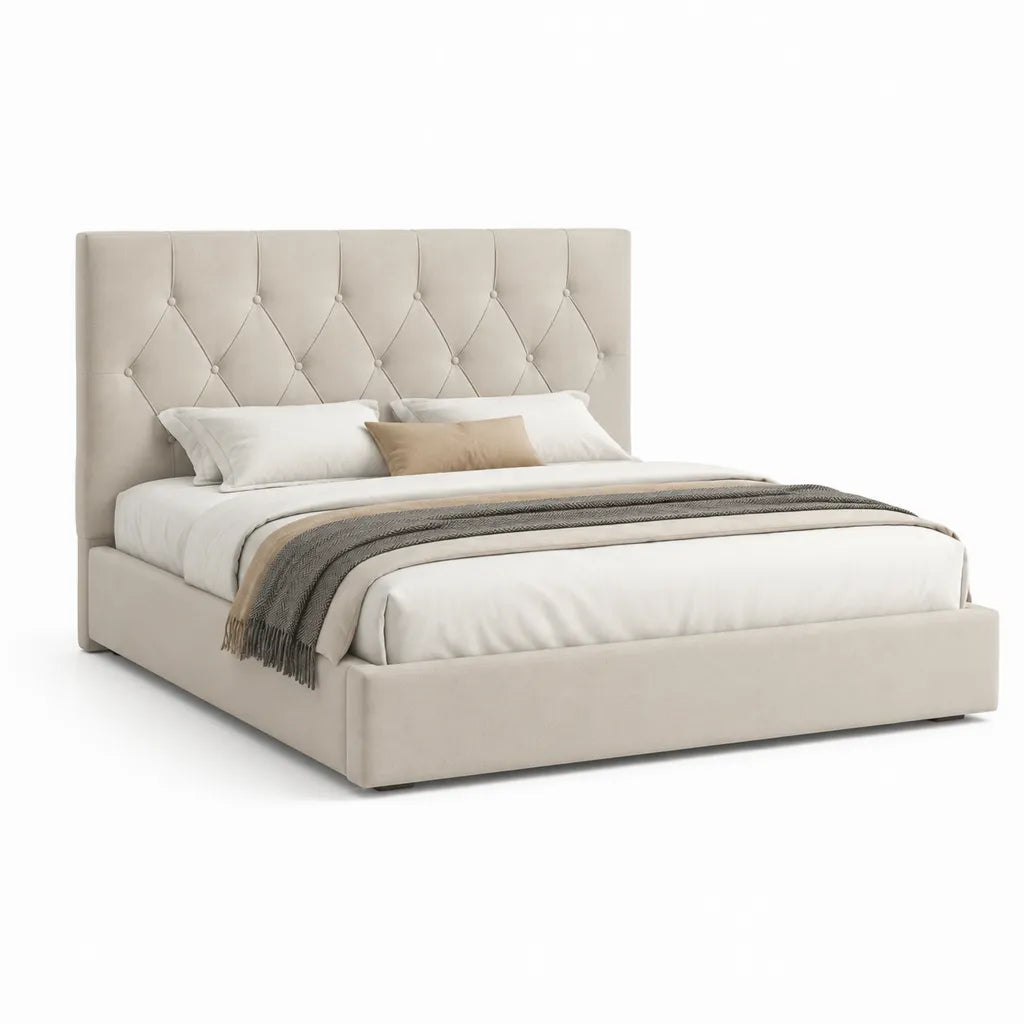 Letto matrimoniale imbottito 160 x 200 cm in similpelle PU beige con testiera capitonne