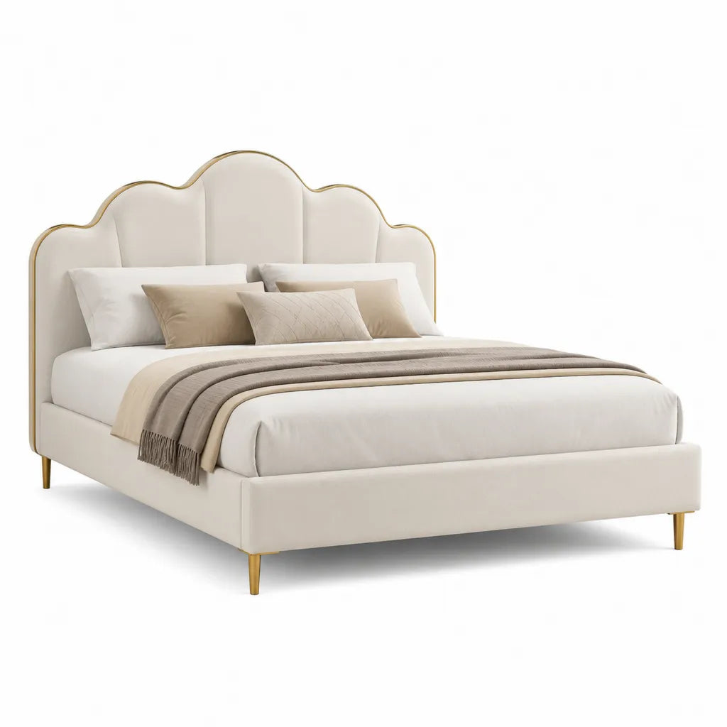 Letto matrimoniale imbottito 160 x 200 cm in PU avorio con testiera sagomata e piedi dorati