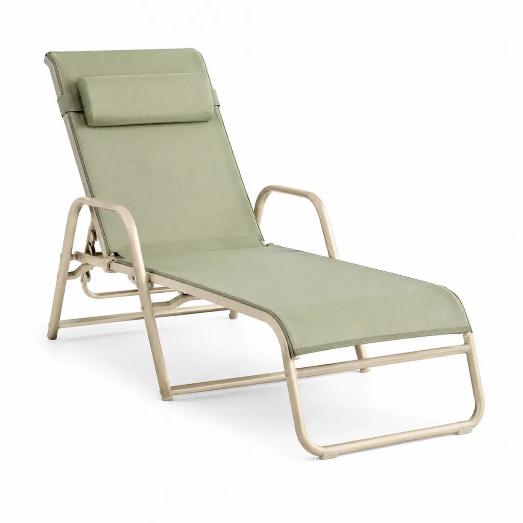 Lettino prendisole reclinabile con poggiatesta 190 x 65 x 94 cm in poliestere PVC verde salvia e acciaio beige