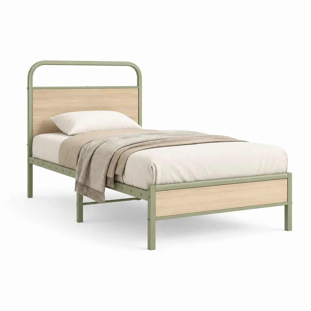 Letto singolo con struttura in acciaio e pannelli in MDF 90 x 190 cm verde salvia e rovere chiaro