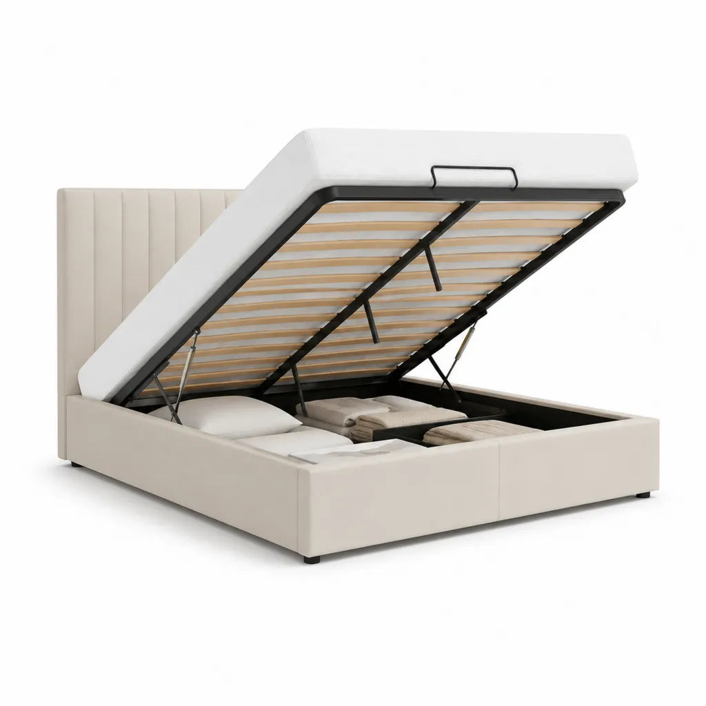 Letto contenitore matrimoniale 160 x 200 cm in similpelle PU bianca con rete a doghe e sollevamento a gas