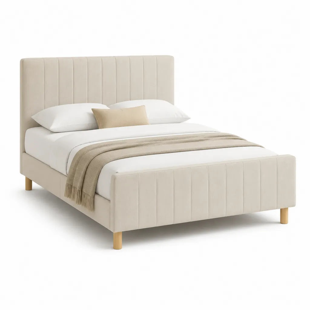 Letto matrimoniale imbottito 160 x 200 cm in velluto di poliestere beige con testiera e pediera a pannelli