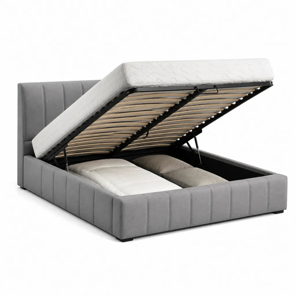 Letto contenitore matrimoniale 160 x 200 cm in velluto di poliestere grigio con rete a doghe