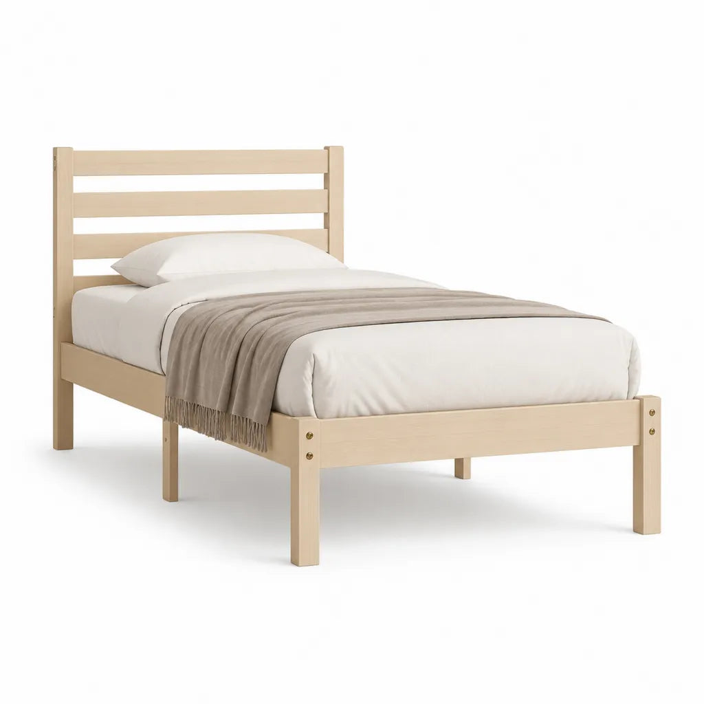 Letto singolo con testiera a doghe in pino massello rettangolare naturale 90 x 190 cm