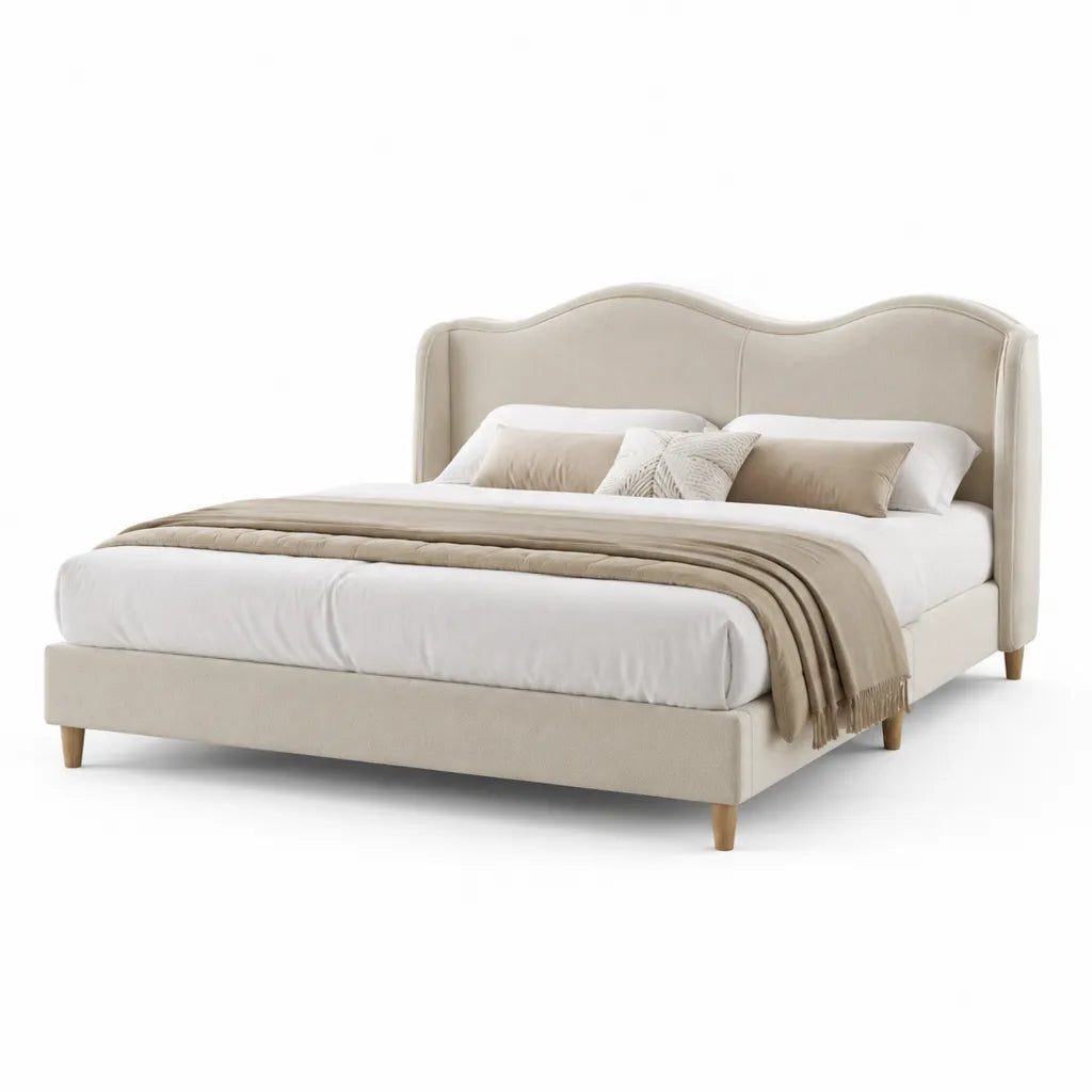 Letto matrimoniale imbottito con testiera ondulata 160 x 200 cm in poliestere beige