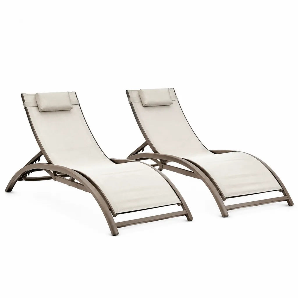 Set di 2 lettini prendisole reclinabili curvi con cuscini 190 x 65 x 80 cm in acciaio e textilene beige marrone
