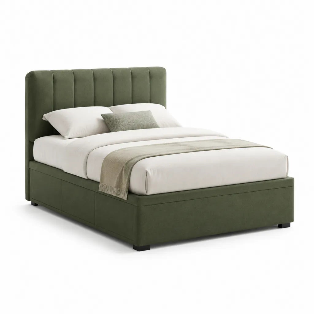 Letto contenitore matrimoniale 160x200 cm in velluto di poliestere rettangolare verde oliva