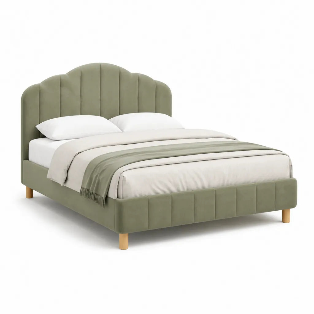 Letto matrimoniale imbottito 160 x 200 cm in velluto di poliestere verde salvia con testiera arcuata