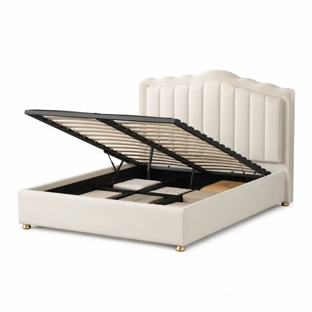 Letto contenitore matrimoniale 160 x 200 cm rivestito in PU beige con testiera sagomata