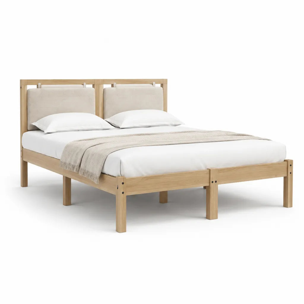 Letto matrimoniale 160 x 200 cm in legno massello di rovere con testiera imbottita rettangolare beige