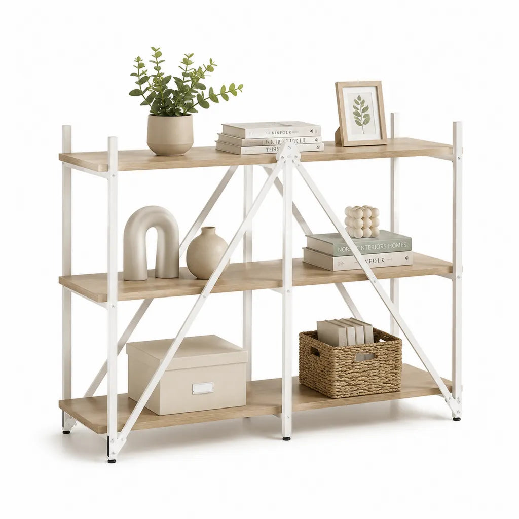 Scaffale a 3 ripiani 120 x 30 x 120 cm in pannello MDF e acciaio bianco rovere chiaro