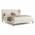 Letto matrimoniale imbottito 160 x 200 cm in poliestere boucle avorio con testiera rettangolare e piedi in legno massello