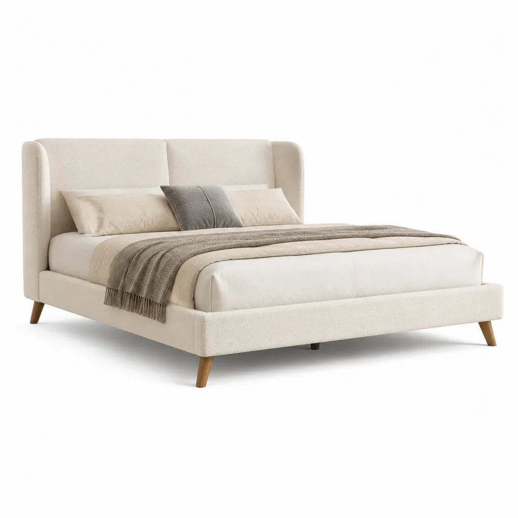 Letto matrimoniale imbottito 160 x 200 cm in poliestere boucle avorio con testiera rettangolare e piedi in legno massello