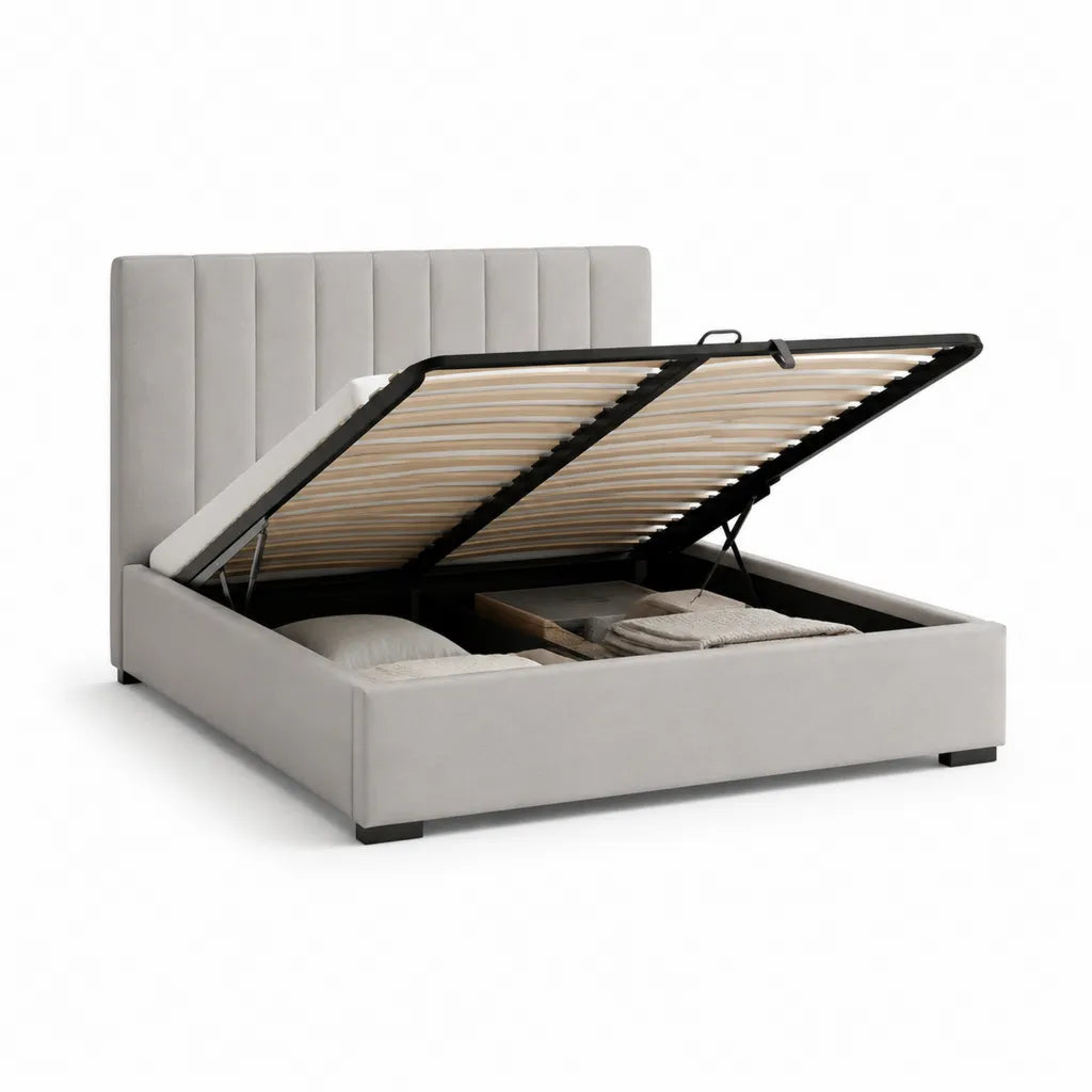 Letto contenitore matrimoniale 160 x 200 cm in poliestere grigio con testiera imbottita rettangolare