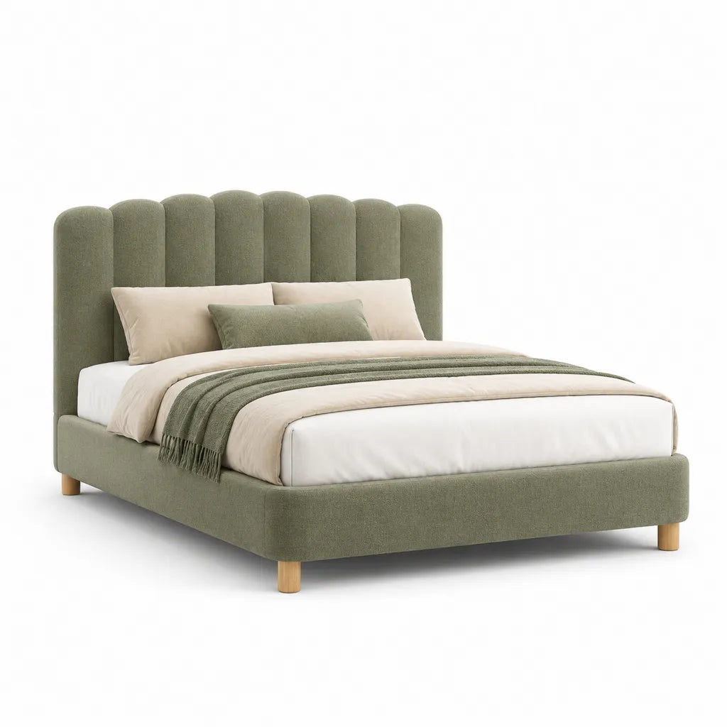 Letto matrimoniale imbottito 160 x 200 cm in poliestere verde salvia con testiera scanalata