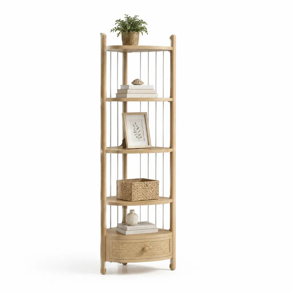 Libreria da terra a 5 ripiani con cassetto in bambu massiccio e rattan 60 x 30 x 180 cm beige