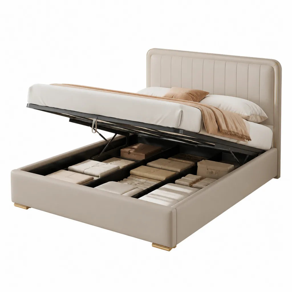 Letto contenitore matrimoniale rettangolare 160 x 200 cm in similpelle PU beige con testiera imbottita