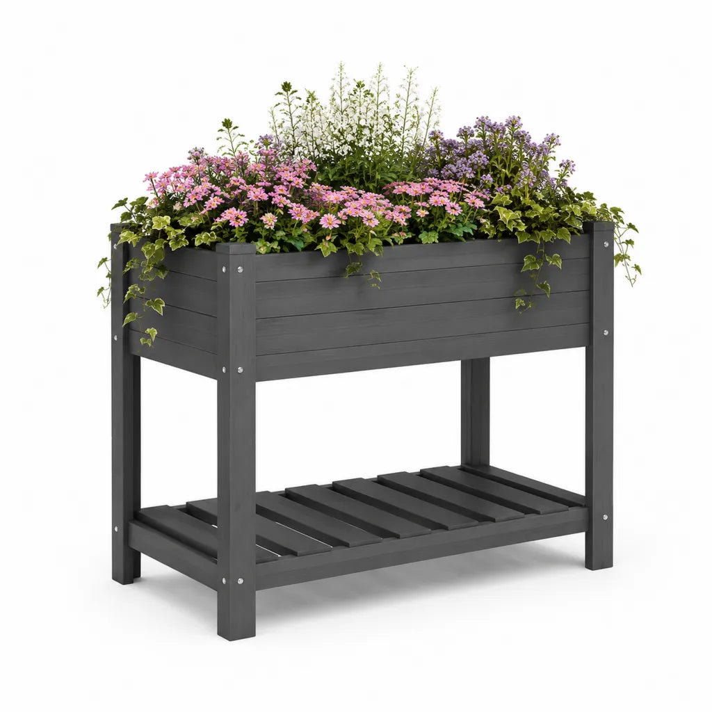 Fioriera rialzata con ripiano 100 x 50 x 80 cm in legno massello di pino grigio antracite