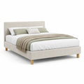 Letto matrimoniale imbottito 160 x 200 cm in poliestere beige con testiera rettangolare e piedi in legno massello
