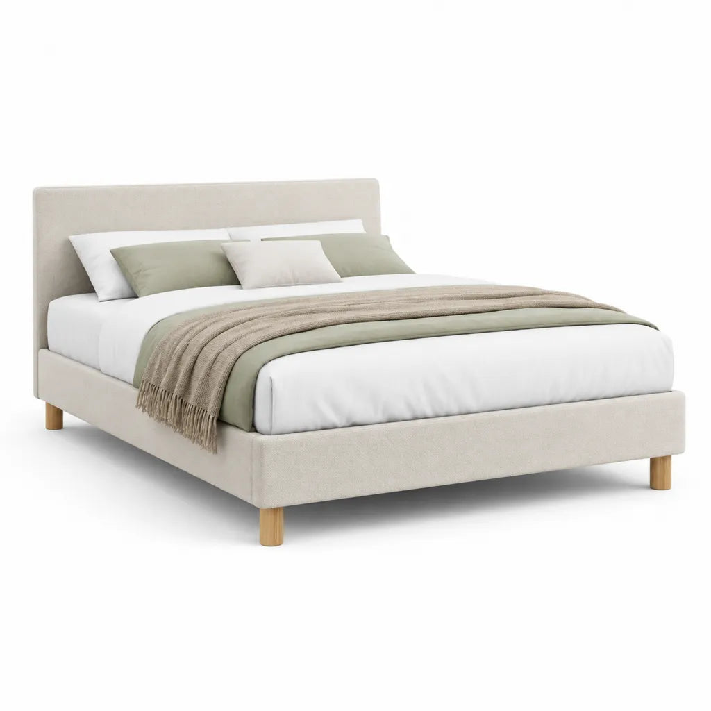 Letto matrimoniale imbottito 160 x 200 cm in poliestere beige con testiera rettangolare e piedi in legno massello