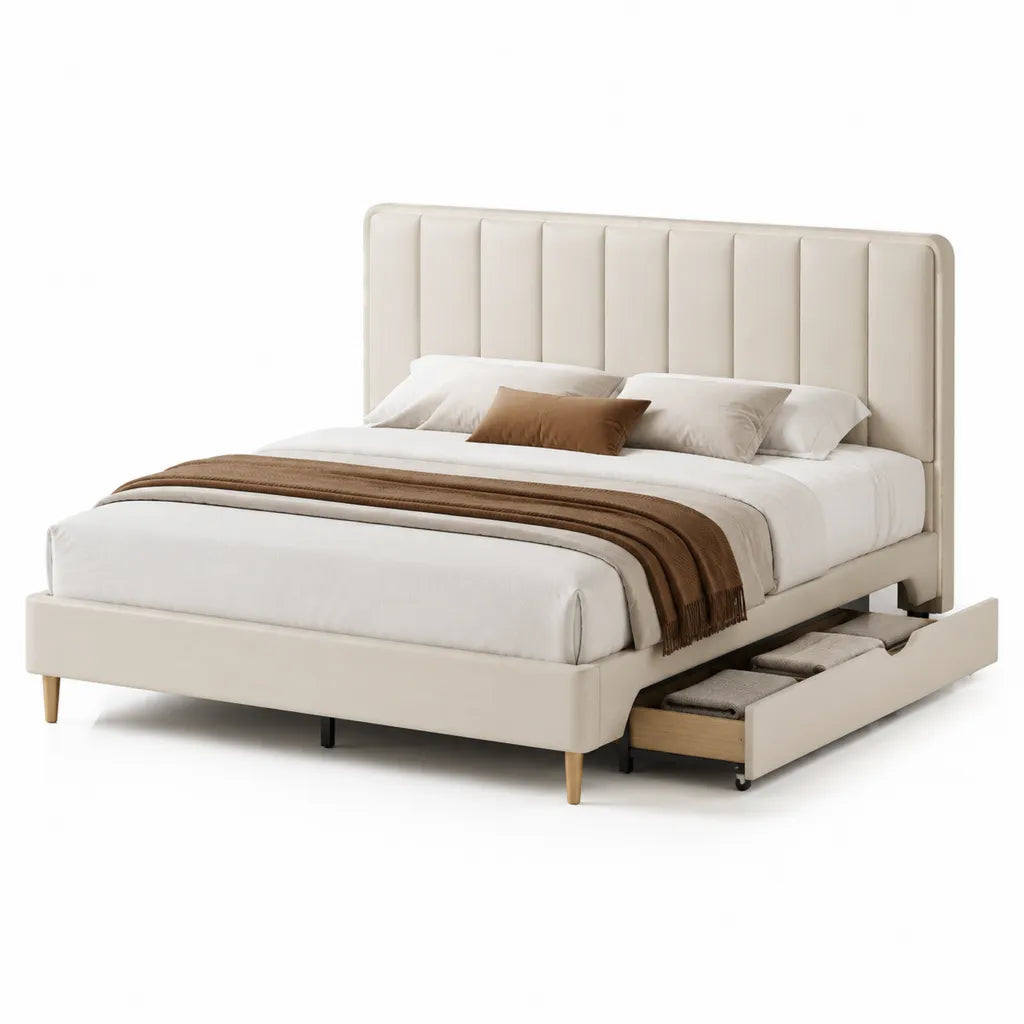 Letto matrimoniale con cassetti 160 x 200 cm in similpelle PU beige con testiera imbottita
