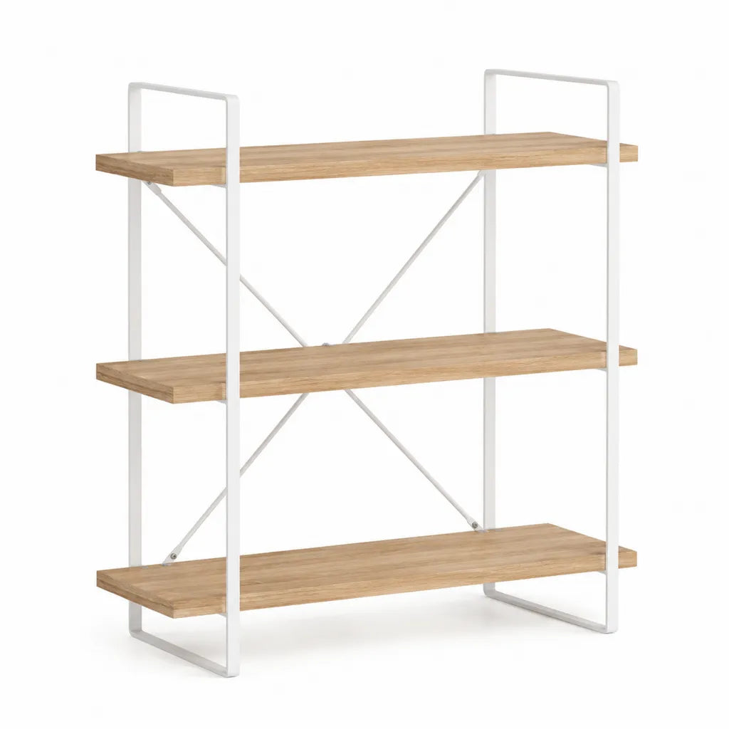 Libreria a 3 ripiani rettangolare in bambu e acciaio bianco 80 x 30 x 120 cm