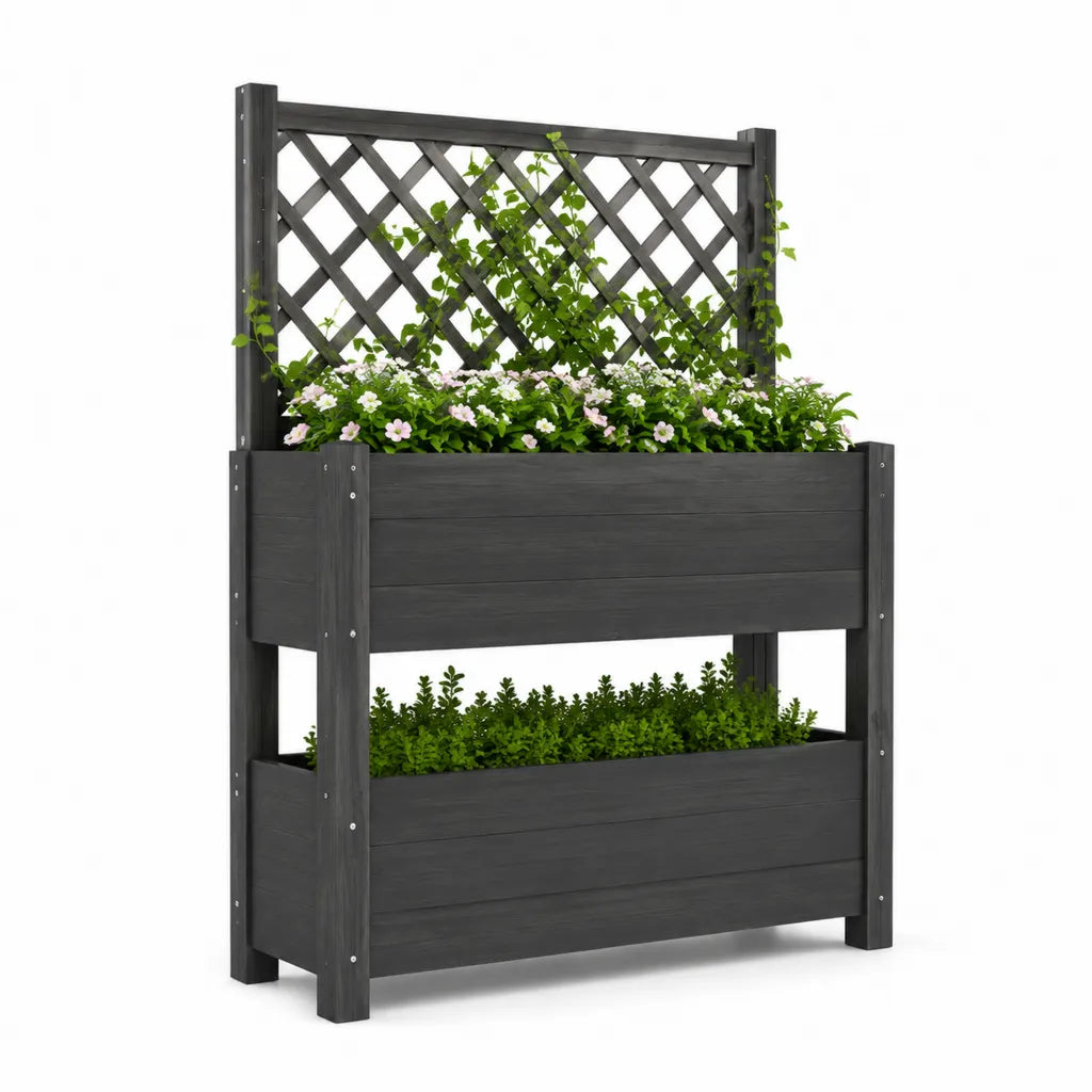 Fioriera rialzata a 2 livelli con grigliato in legno massello di abete antracite 80 x 40 x 180 cm